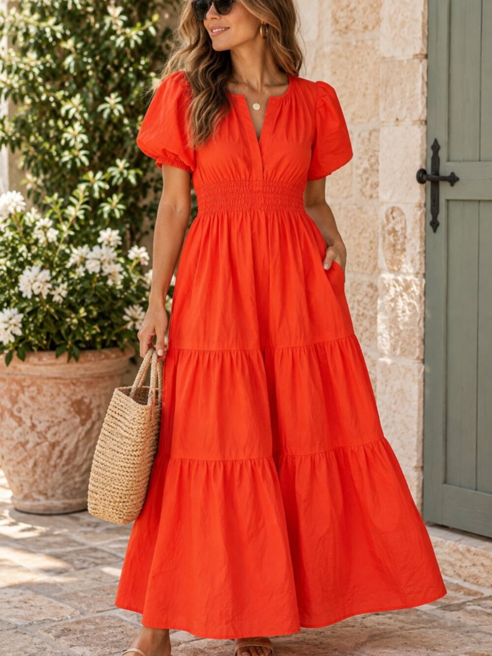 Quince Organic Cotton Tiered Maxi Dress Vermilion Red Orange Size L